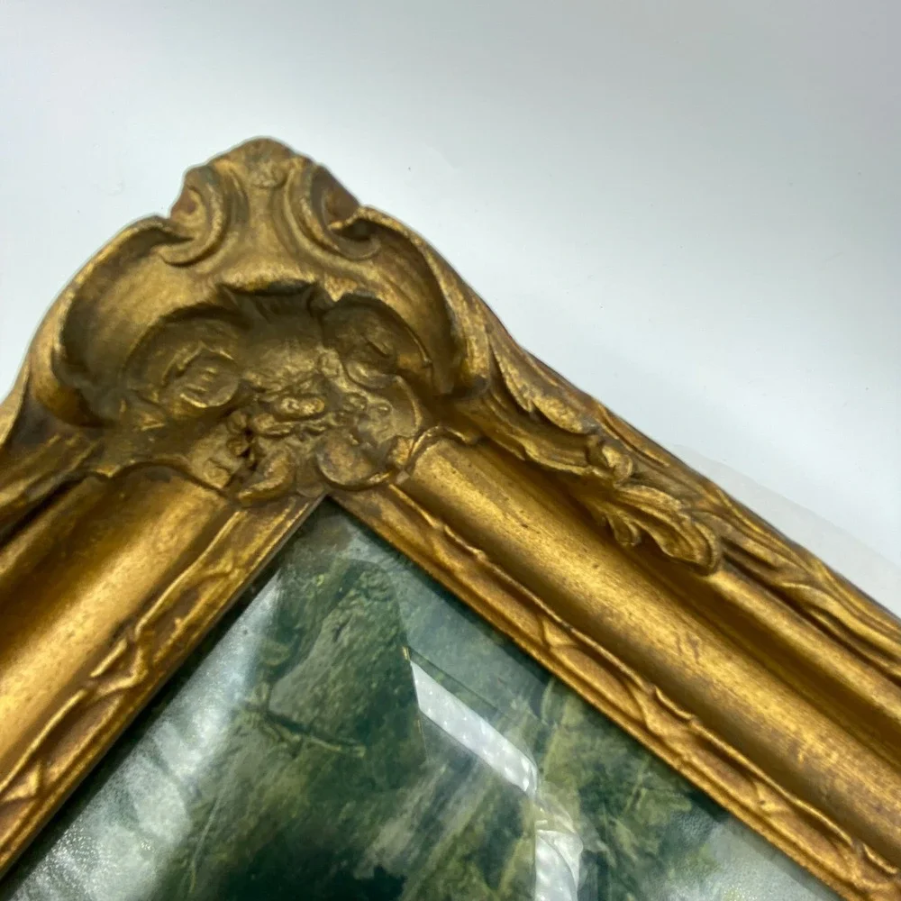 Vintage 10x9 Framed Landscape Gold Ornate Rococo Pastoral Scene Gilt Rustic